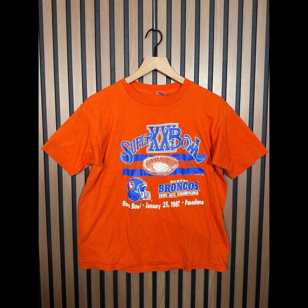 Vintage Trench T Shirt Large Orange Denver Broncos 1987 Super Bowl 21 AFC Champs
